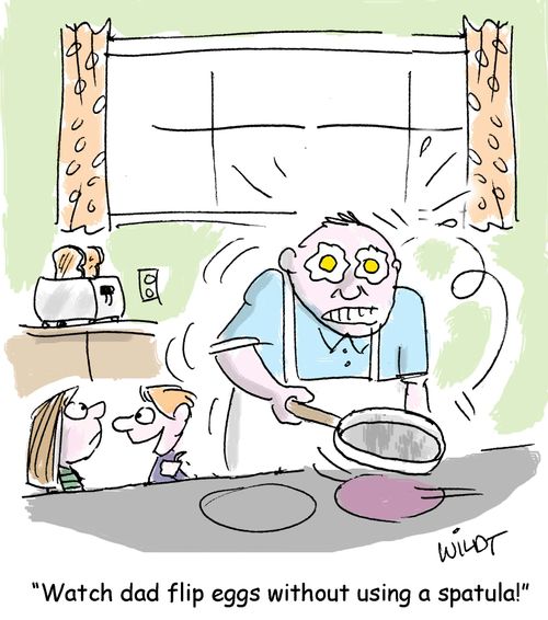 "Watch dad flip eggs without using a spatula!"