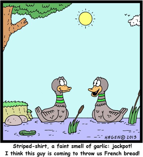 "Striped-shirt, a faint smell of garlic: jackpot! I think this guy is coming to throw us French bread!"
