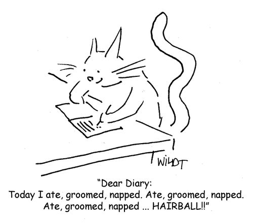 "Dear Diary:  Today I ate, groomed, napped. Ate, groomed, napped. Ate, groomed, napped ... HAIRBALL!!"