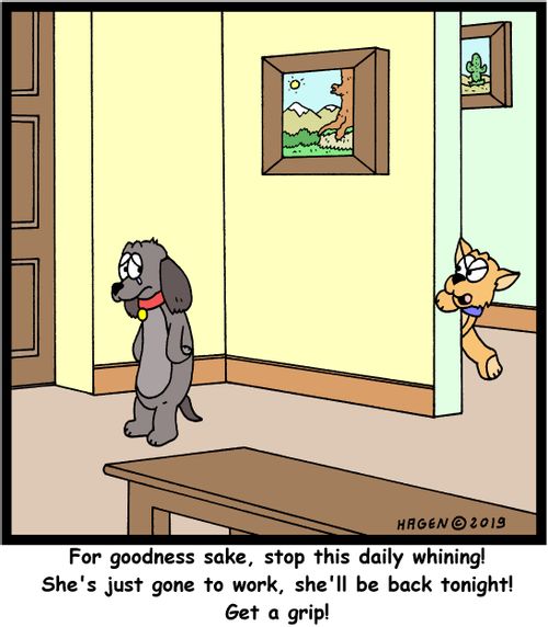 "For goodness sake, stop this daily whining! She's just gone to work, she'll be back tonight! Get a grip!"