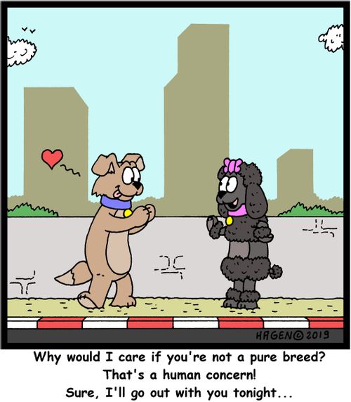 "Why would I care if you're not a pure breed? That's a human concern! Sure, I'll go out with you tonight..."