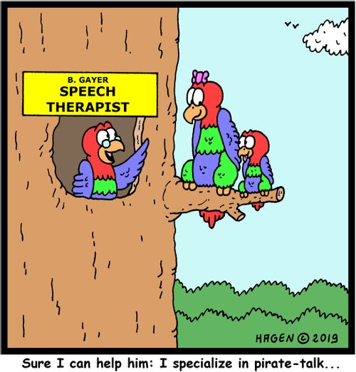 "Sure I can help him: I specialize in pirate-talk..."