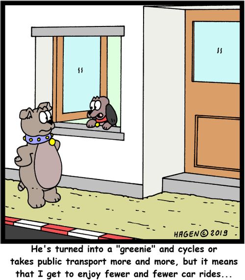 "He's turned into a "greenie" and cycles or takes public transport more and more, but it means that I get to enjoy fewer and fewer car rides..."