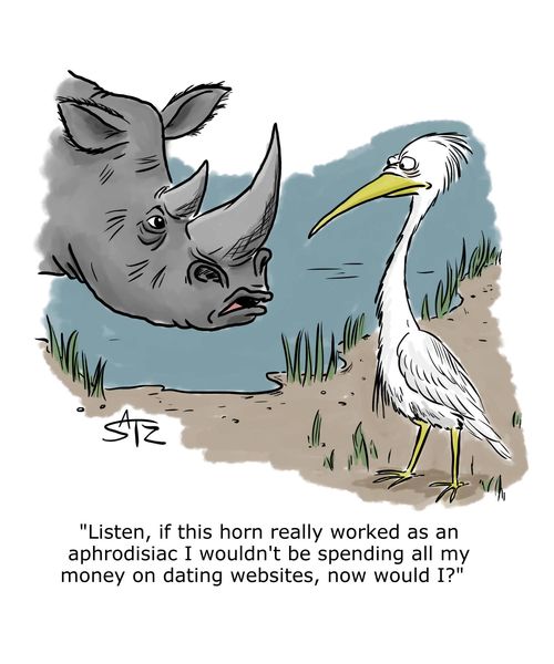 "Listen, if this horn really worked as an aphrodisiac I wouldn't be spending all my money on dating websites, now would I?"