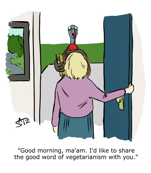 "Good morning, ma'am. I'd like to share the good word of vegetarianism with you."
