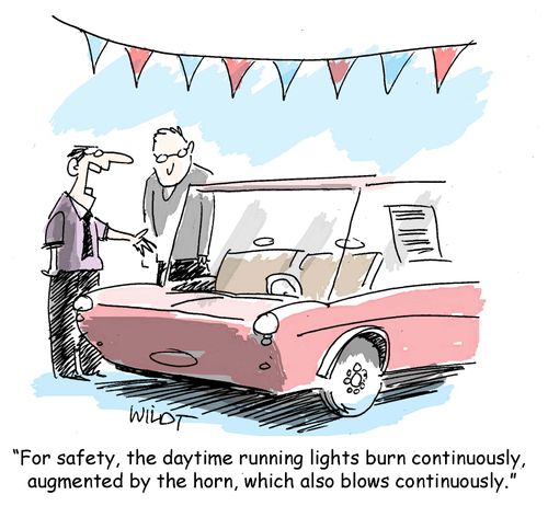 "For safety, the daytime running lights burn continuously, augmented by the horn, which also blows continuously."