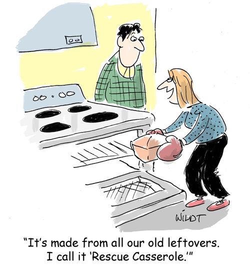 "It's made from all our old leftovers. I call it 'Rescue Casserole.'"