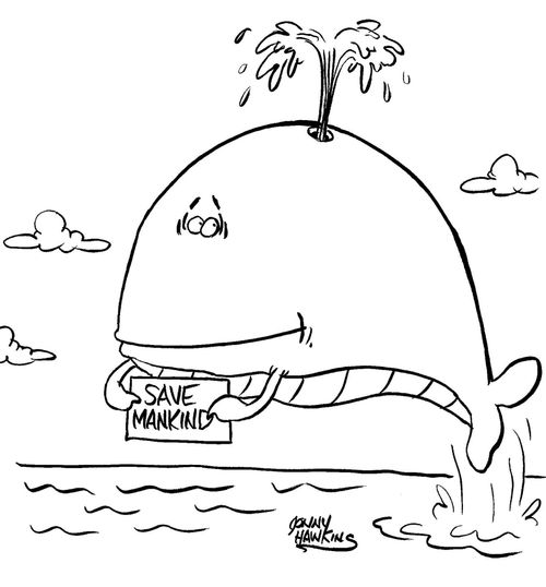 Whale holds sign: "Save Mankind"