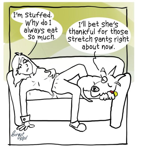 "I'm stuffed. Why do I always eat so much. "