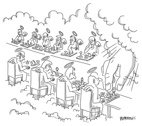 God giving simultaneous chess exhibition in Heaven
