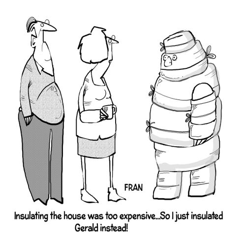 "Insulating the house was too expensive... so I just insulated Gerald instead."