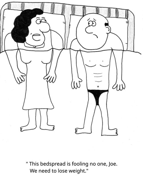 "This bedspread is fooling no one, Joe. We need to loose weight."