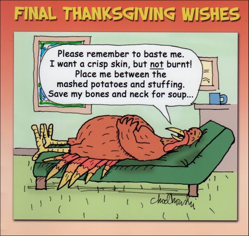 "Please remember to baste me. I want a crisp skin, but not burnt! Place me between the mashed potatoes and stuffing. Save my bones and neck for soup. . ."
