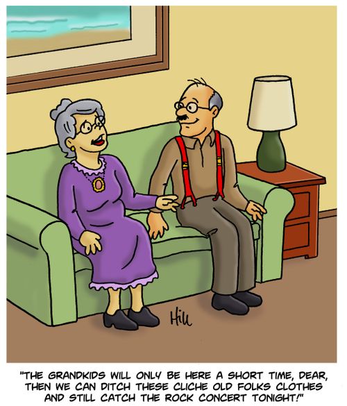 "The grandkids will only be here a short time, dear, then we can ditch these cliche old folks clothes and still catch the rock concert tonight!"