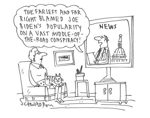 "The far left and far right blamed Joe Biden's popularity on a vast middle-of-the-road conspiracy!"