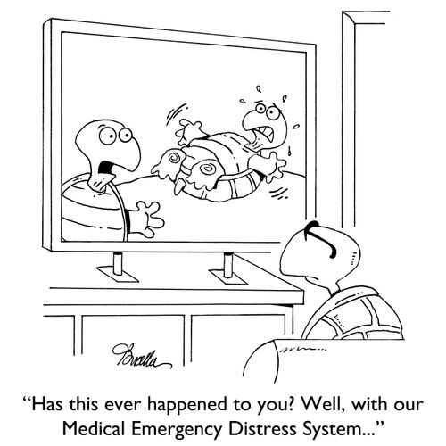 "Has this ever happened to you? Well, with our Medical Emergency Distress System..."