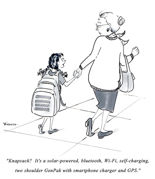 "Knapsack? It's a solar-powered, bluetooth, Wi-Fi, self-charging, two shoulder GenPak with smartphone charger and GPS."