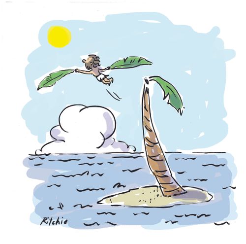 Man flying away from desert island with two palm fronds