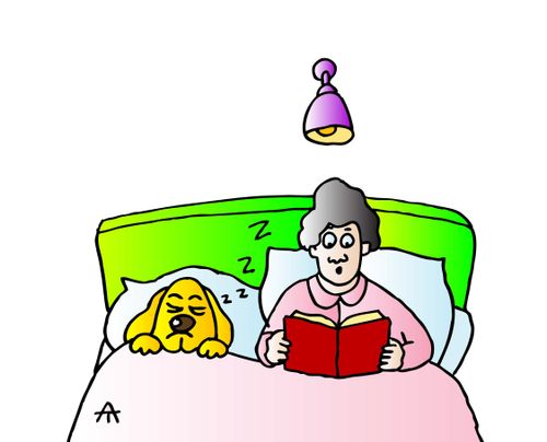 Woman reads bedtime stories to her dog.