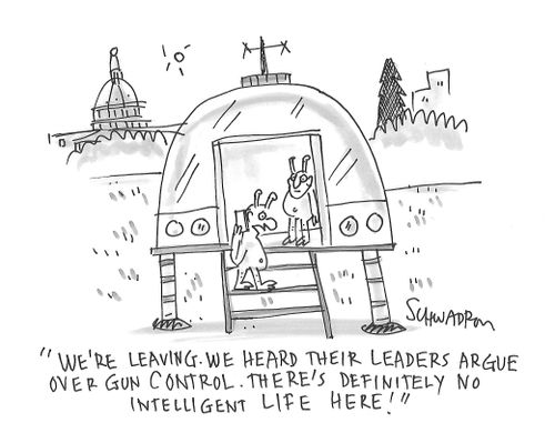 "We're leaving. We heard their leaders argue over gun control. There's definitely no intelligent life here."