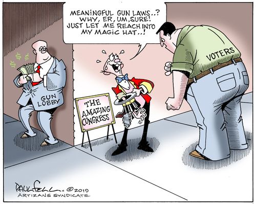 "Meaningful gun laws. . . ? Why, er, um, sure! Just let me reach into my magic hat. . . !"