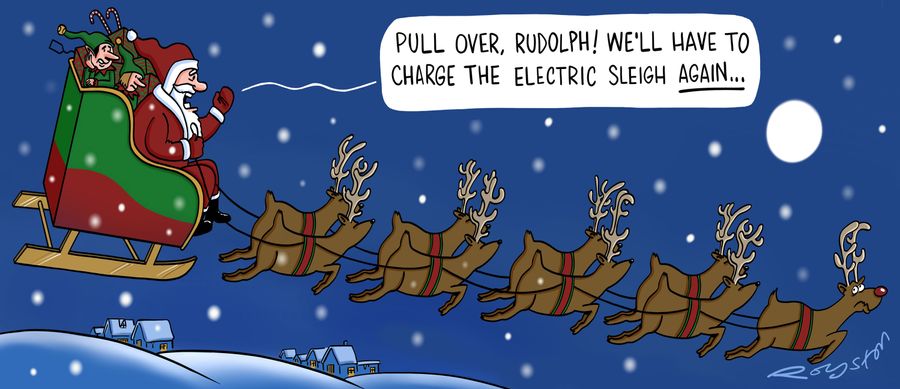 "Pull over, Rudolph! We'll have to charge the electric sleigh again..."
