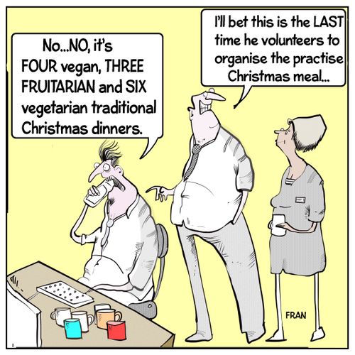 "No. . . No, it's FOUR vegan, three FRUITARIAN and Six vegetarian traditional Christmas dinners."