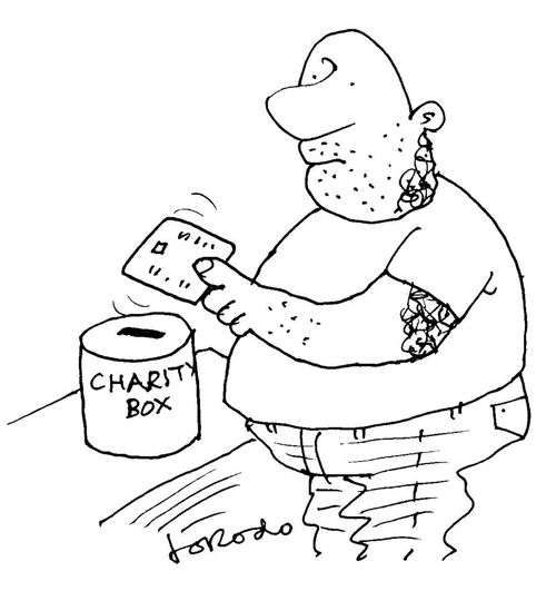Man donating to charity box with contactless card