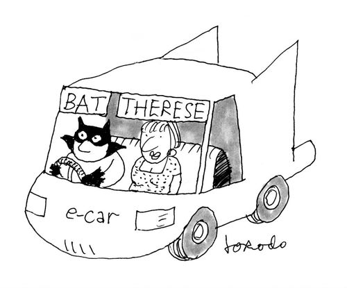 Electric car with Batman and Therese