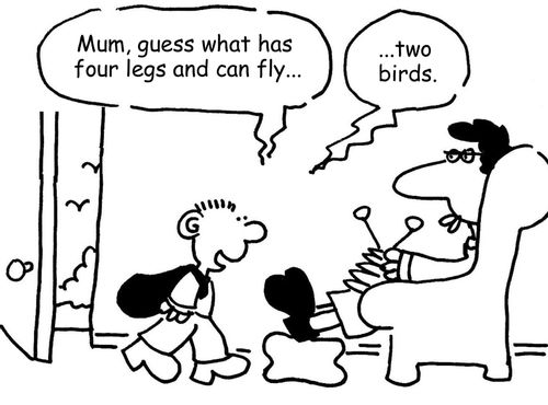 "Mum, guess what has four legs and can fly... ...two birds?"
