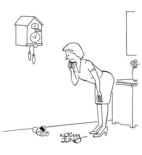 Woman discovers a broken egg underneath the cuckoo clock.