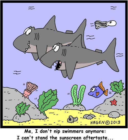 "Me, I don't nip swimmers anymore: I can't stand the sunscreen aftertaste..."