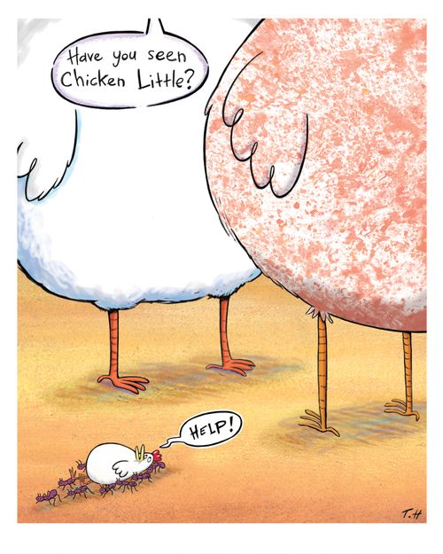 Chicken Little gets carted off by some ants.