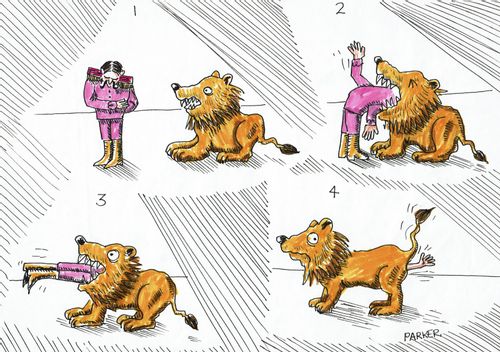 A lion swallows a trainer whole.