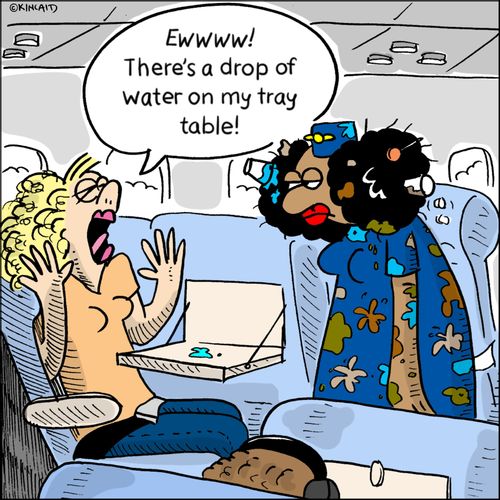 "Ewwww! There's a drop of water on my tray table!"