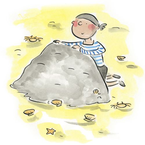 Frederic hides behind a rock 