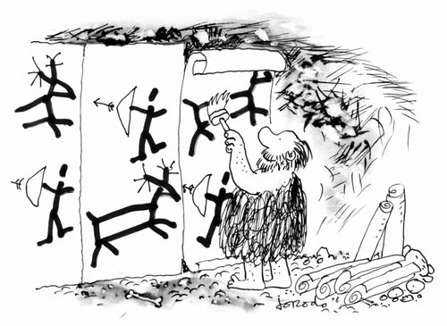 Caveman applying wallpaper cave paintings