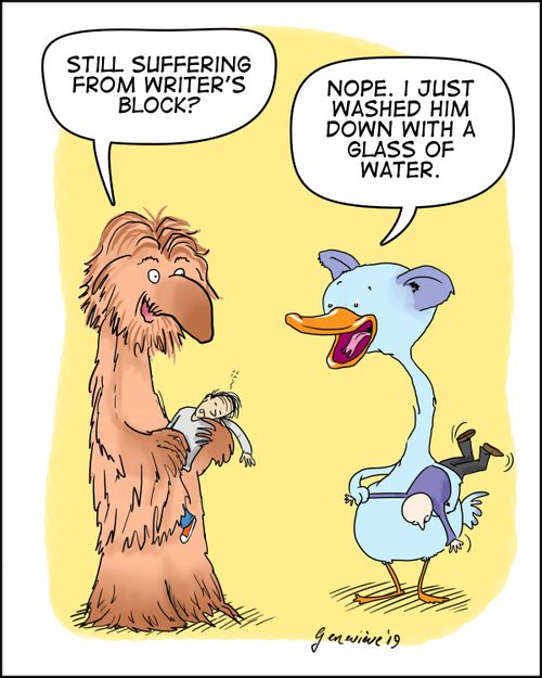 "Still suffering from writer's  block?"  