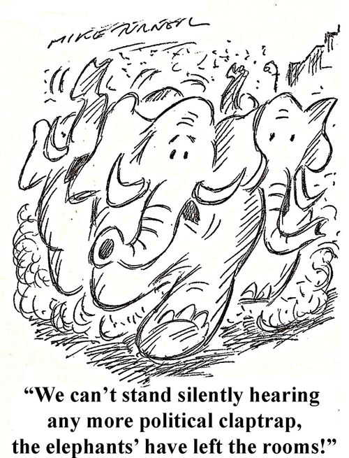 "We can't stand silently hearing any more political claptrap, the elephants' have left the rooms!"