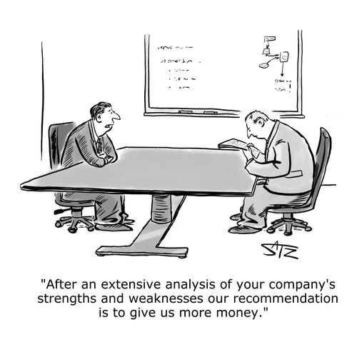 "After an extensive analysis of your company's strengths and weaknesses our recommendation is to give us more money."