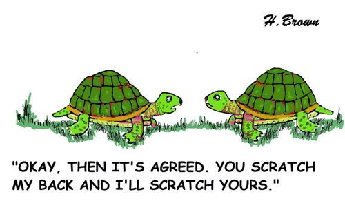 "Okay, then it's agreed. You scratch my back and I'll scratch yours."