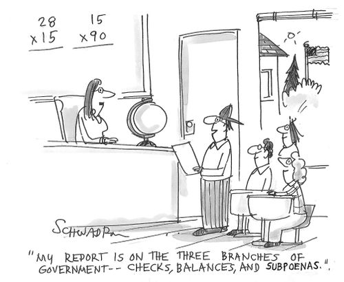 "My report is on the three branches of government - checks, balances, and subpoenas."