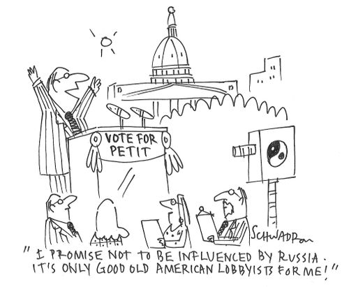 "I promise not to be influenced by Russia. It's only good old American lobbyists for me!"