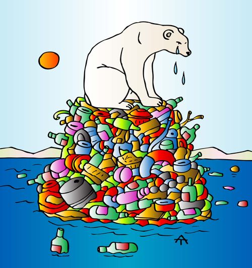 Polar bear on a mountain of plastic