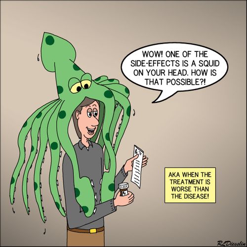 "Wow! One of the side-effects is a squid on your head. How is that possible?!"