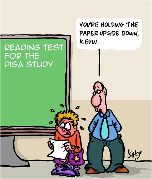 "You're holding the paper upside down, Kevin. . ."