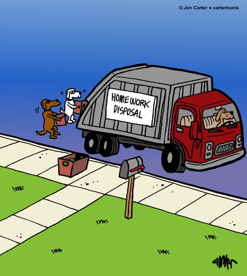 Dog ride on dump truck and dispose of homework.
