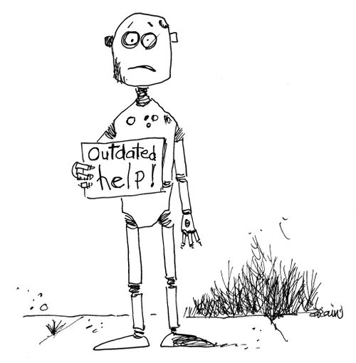 Robot on the side of a street begging with a sign that says "Outdated, help."