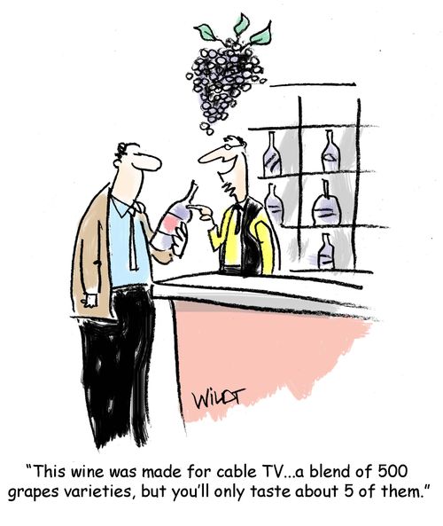 "This wine was made for cable TV...a blend of 500 grapes varieties, but you'll only taste about 5 of them."