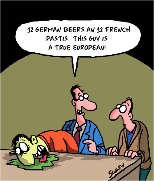 "12 German beers and 12 French Pastis. . . this guy is a true European!"